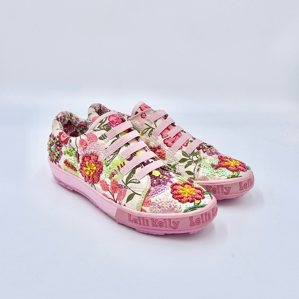 Lelli Kelly Puntini Beaded Floral Pink Slip On Shoes Kids Girls size 2